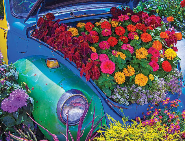 Puzzle image of a car filled with flowers