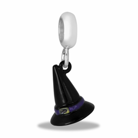 A black witch's hat dangle charm with a metallic loop for bracelet attachment.