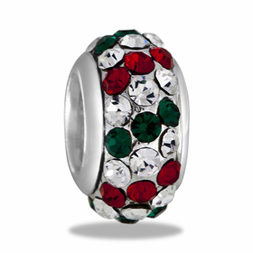 A silver bead with red, green, and clear crystals