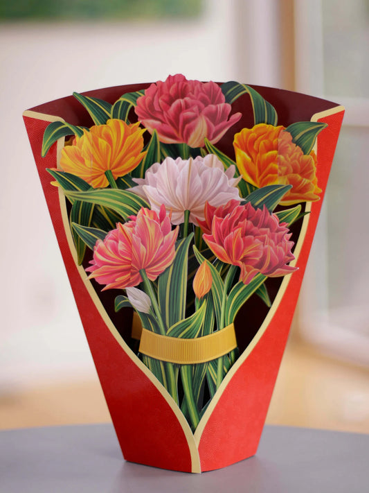 tulip pop-up bouquet on table