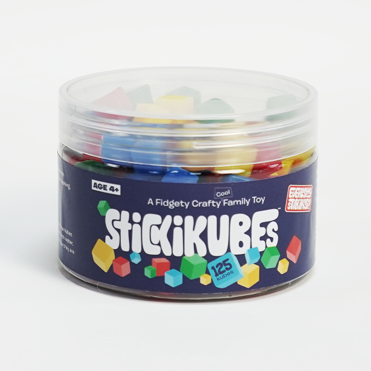 KOMARC GAMES StickiKubes - Mini Stacking Cubes That Stick to Anything - 125  Cubes in 4 Colors - Plastic Tub - Non Toxic Kid Safe