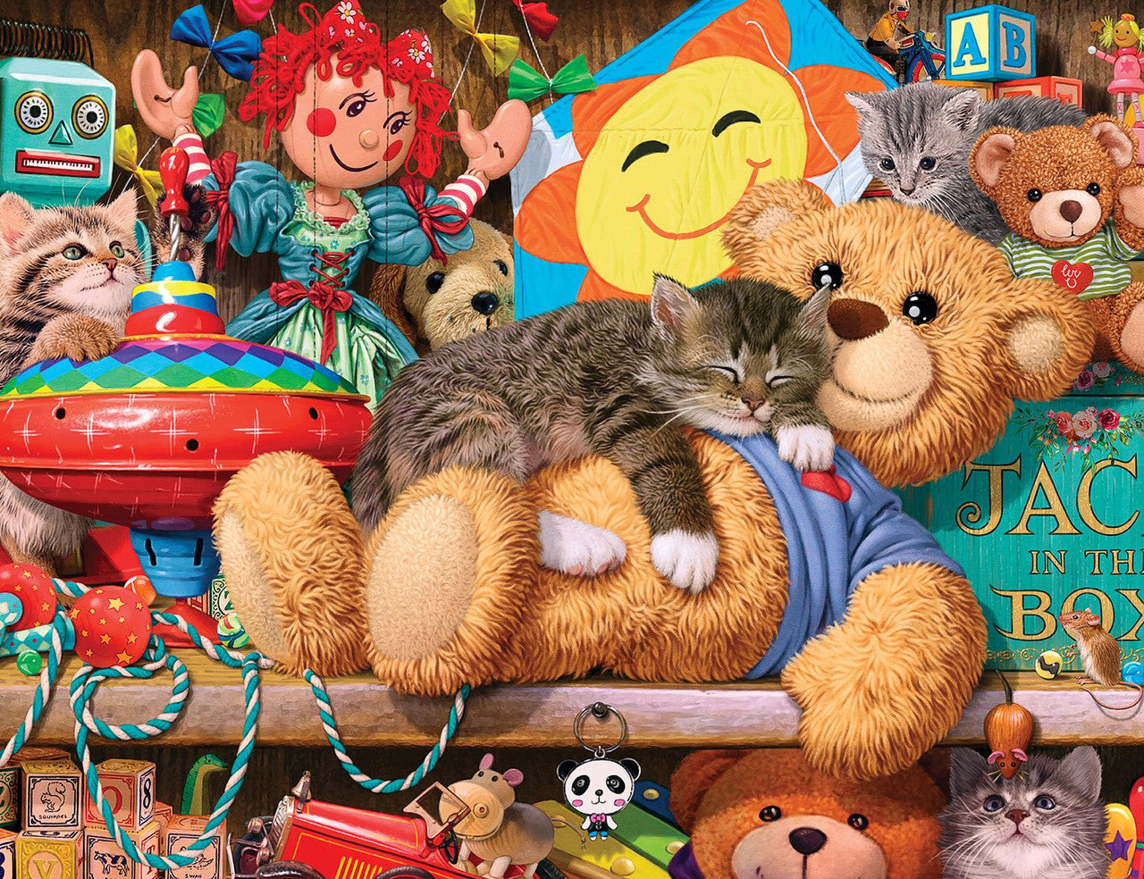 Puzzle image of a cat in a toy cupboard