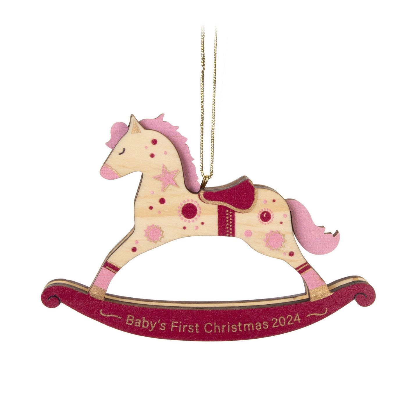 Baby Girl's First Christmas Rocking Horse 2024 Wood Ornament