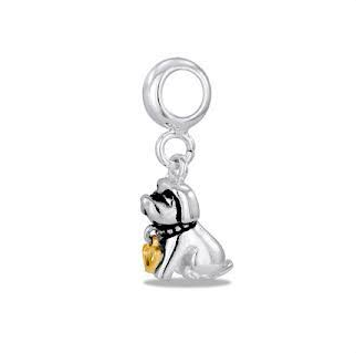 Silver dog charm with a yellow heart on a white background