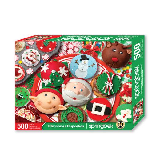 Springbok puzzle box featuring  Christmas Cupcakes puzzle with festive desserts