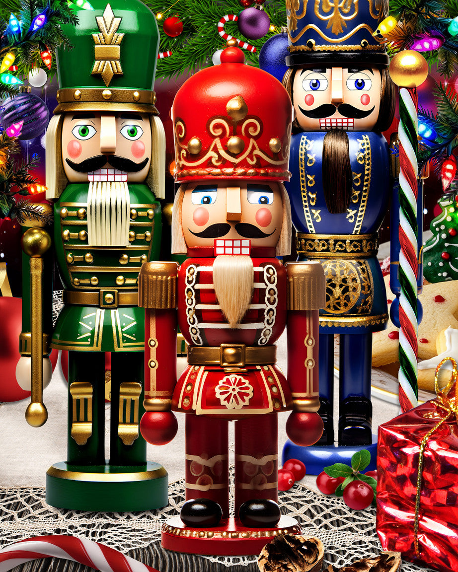 Finished Puzzle illustration of three colorful nutcrackers in front of a Christmas tree with decorations.