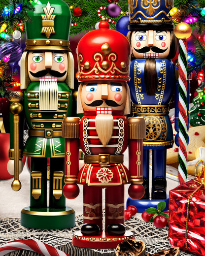 Finished Puzzle illustration of three colorful nutcrackers in front of a Christmas tree with decorations.
