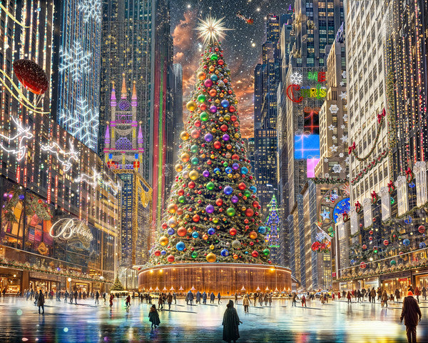 Image of finished puzzle illustration of Christmas cityscape