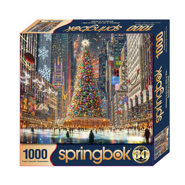 Springbok 1000-piece puzzle box with a Christmas-themed cityscape design.