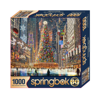 Springbok 1000-piece puzzle box with a Christmas-themed cityscape design.
