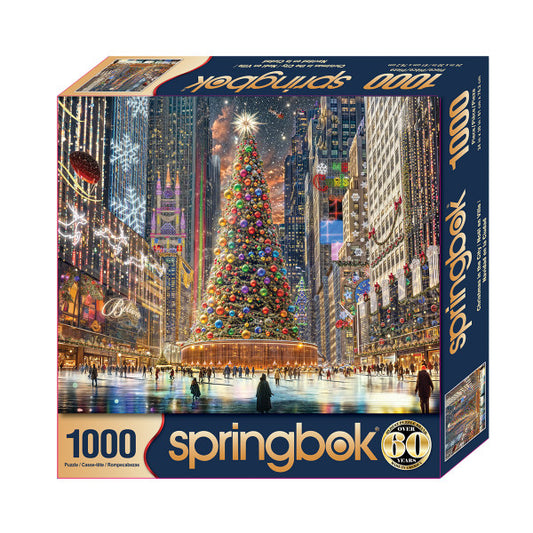 Springbok 1000-piece puzzle box with a Christmas-themed cityscape design.
