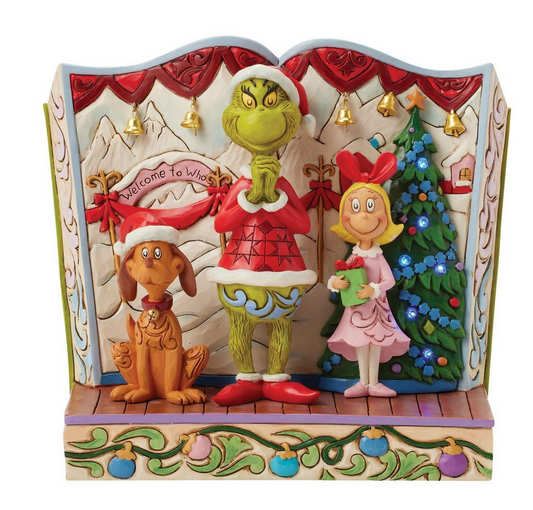 Decorative Christmas scene with characters from a famous holiday movie, featuring a tree, presents, and festive decorations.