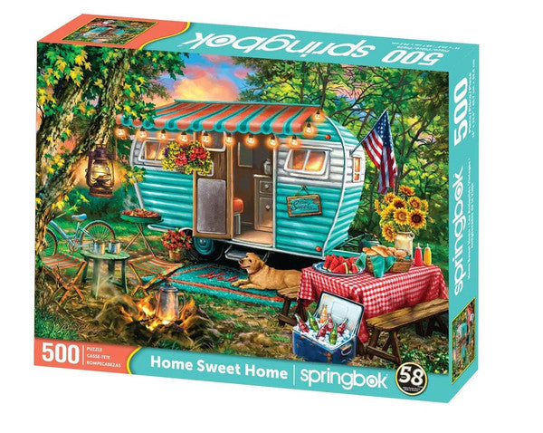 Springbok puzzle box featuring a camper scene with trees and American flag