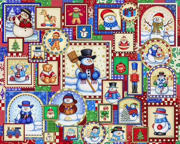 Image of finished Christmas-themed puzzle with snowmen, Santa Claus, and presents.