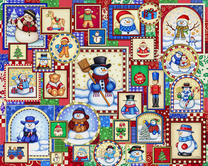 Image of finished Christmas-themed puzzle with snowmen, Santa Claus, and presents.