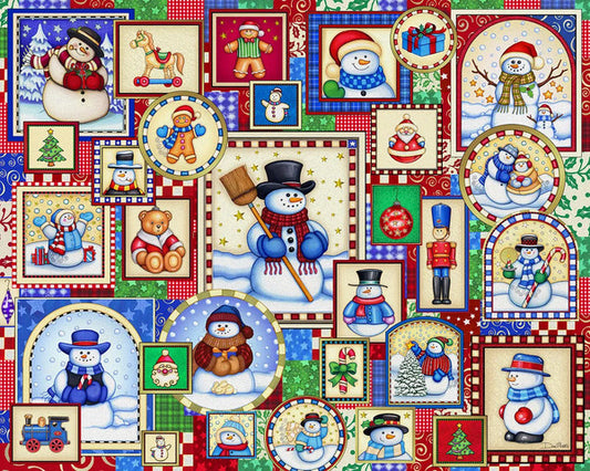 Image of finished Christmas-themed puzzle with snowmen, Santa Claus, and presents.