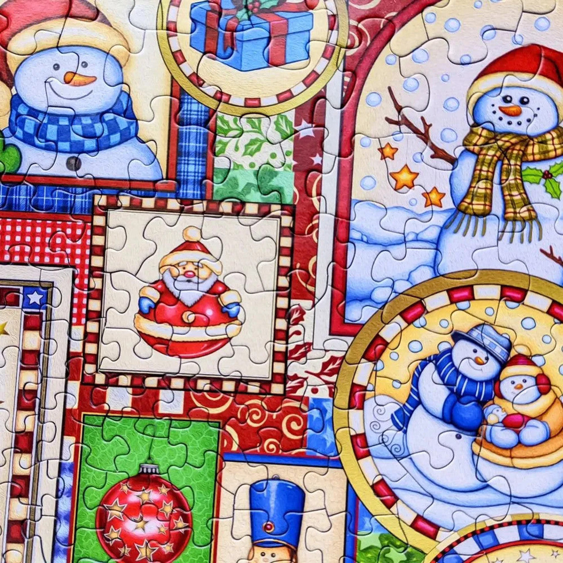 Christmas-themed puzzle with snowmen, Santa Claus, and presents.