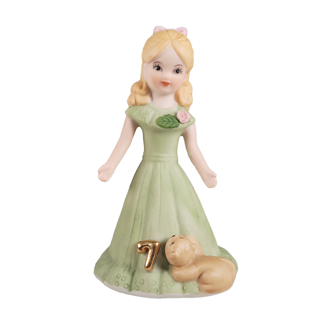 Front of figurine of a girl in a green dress with a number 7 and a cat on a white background