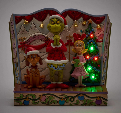 Decorative Christmas scene with characters and a tree, featuring the Grinch and Max, showcasing light up feature