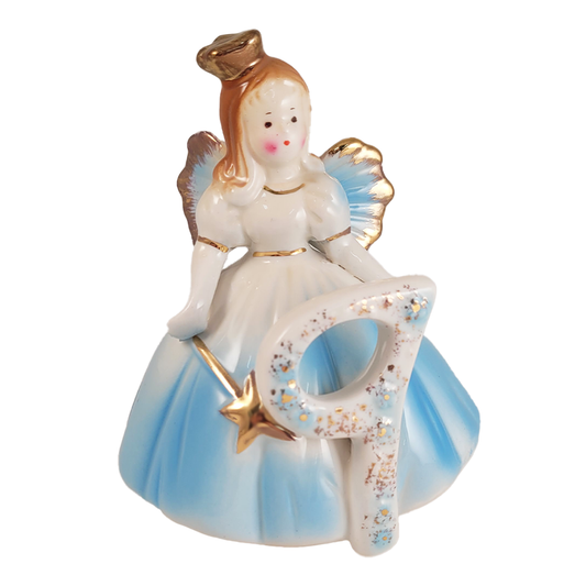 Front of decorative angel figurine with blue dress and gold accents with a number 9 on a white background