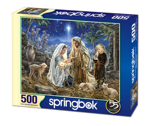 Springbok puzzle box depicting a nativity scene with the Holy Family, shepherd boy, and sheep.