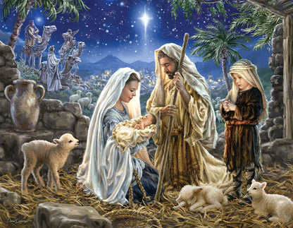 A puzzle depicting a nativity scene with the Holy Family, shepherd boy, and sheep.