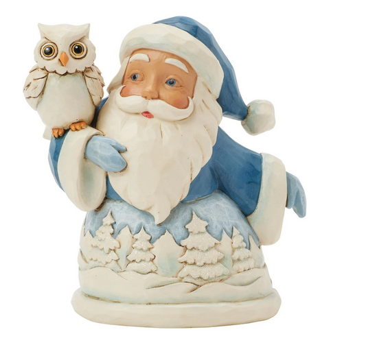 Front of decorative figurine of a Santa Claus with an owl on his shoulder, with a snowy landscape robe.