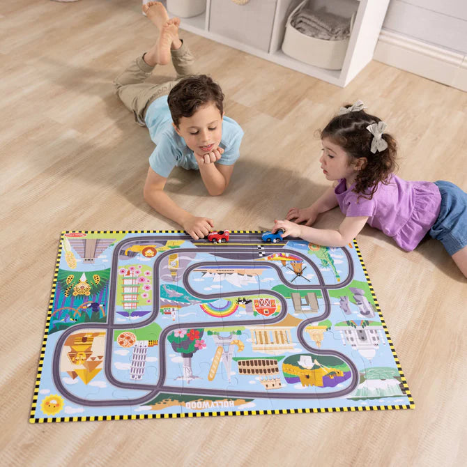 kids playing with cars on puzzle