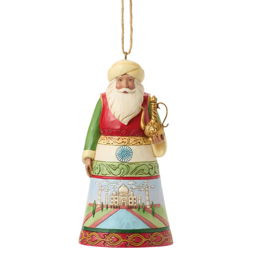 Decorative ornament of a Santa with a colorful outfit featuring Indian culture on a white background