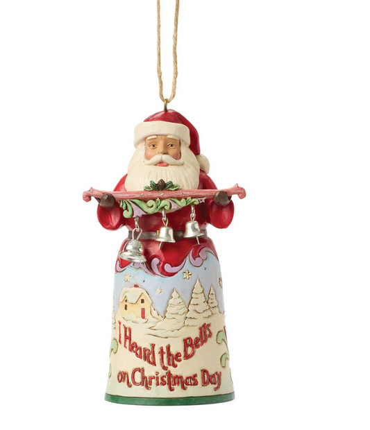 Decorative Christmas ornament featuring a Santa Claus figure with bells and 'I Heard the Bells on Christmas Day' text.
