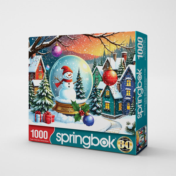 Springbok puzzle box with a winter scene featuring a snowman and festive decorations.