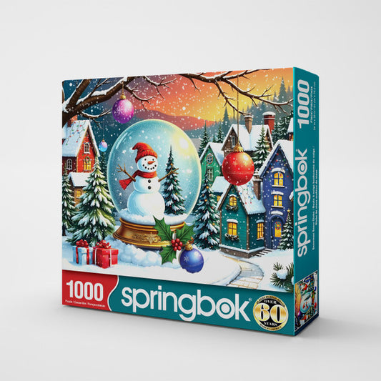 Springbok puzzle box with a winter scene featuring a snowman and festive decorations.
