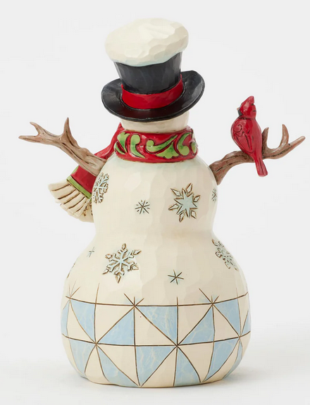 Decorative snowman figurine with geometric patterns and a cardinal - back view