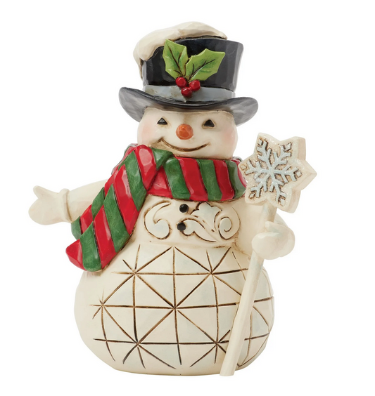 Front of decorative snowman figurine with a top hat, scarf, and snowflake wand on a white background