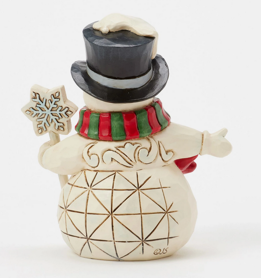 Back of decorative snowman figurine with a top hat, scarf, and snowflake wand on a white background