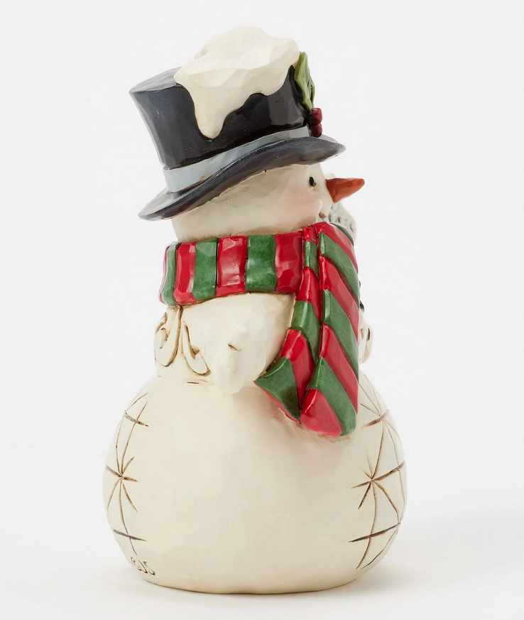 Right side of decorative snowman figurine with a top hat, scarf, and snowflake wand on a white background