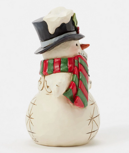 Right side of decorative snowman figurine with a top hat, scarf, and snowflake wand on a white background
