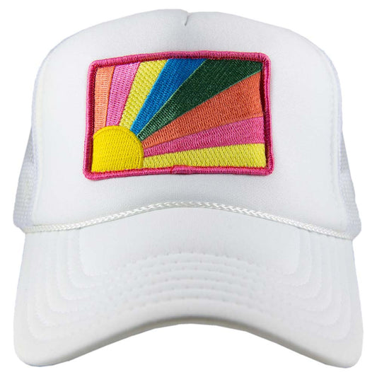 white hat with colorful embroidered sun