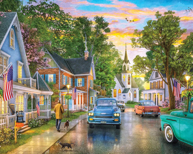 Puzzle image of a small colonial-style town