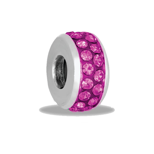 A pink bead with two rows of crystals