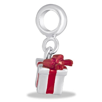 A silver charm in the shape of a present with a red ribbon