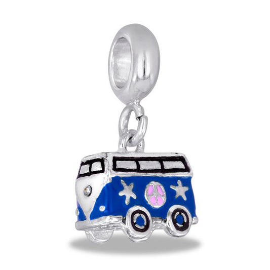 A blue, silver, and pink bus shaped charm