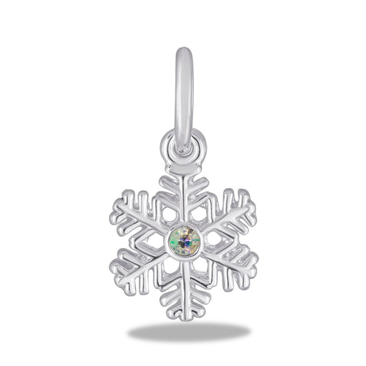 A silver snowflake-shaped charm with a crystal in the center